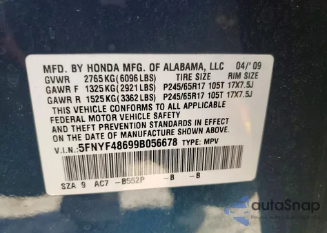 2009 Honda Pilot Exl from USA, damaged, VIN 5FNYF48699B056678